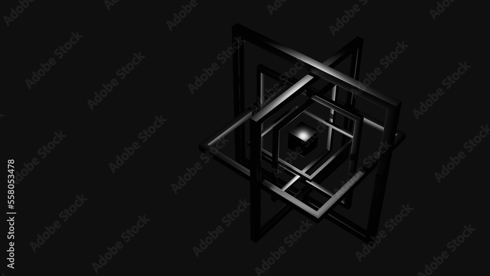 The illustration 3d render of abstract concept black cube box with abstract square frame in the dark black scene The illustration 3d render of abstract concept black cube box with abstract square frame in the dark black scene