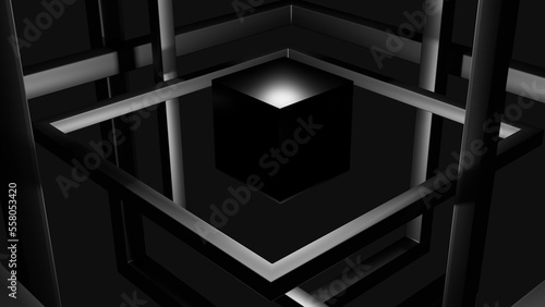 The illustration 3d render of abstract concept black cube box with abstract square frame in the dark black scene