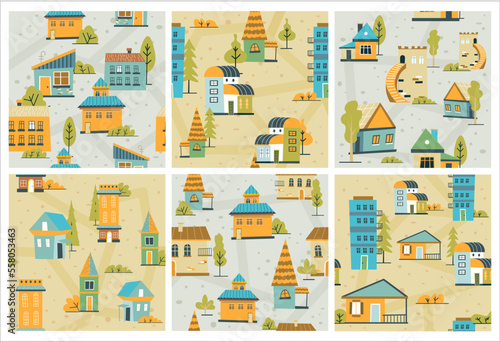Decorative background pattern set with houses