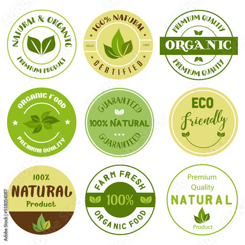 Organic food, natural product and healthy life logo, stickers and badges. 