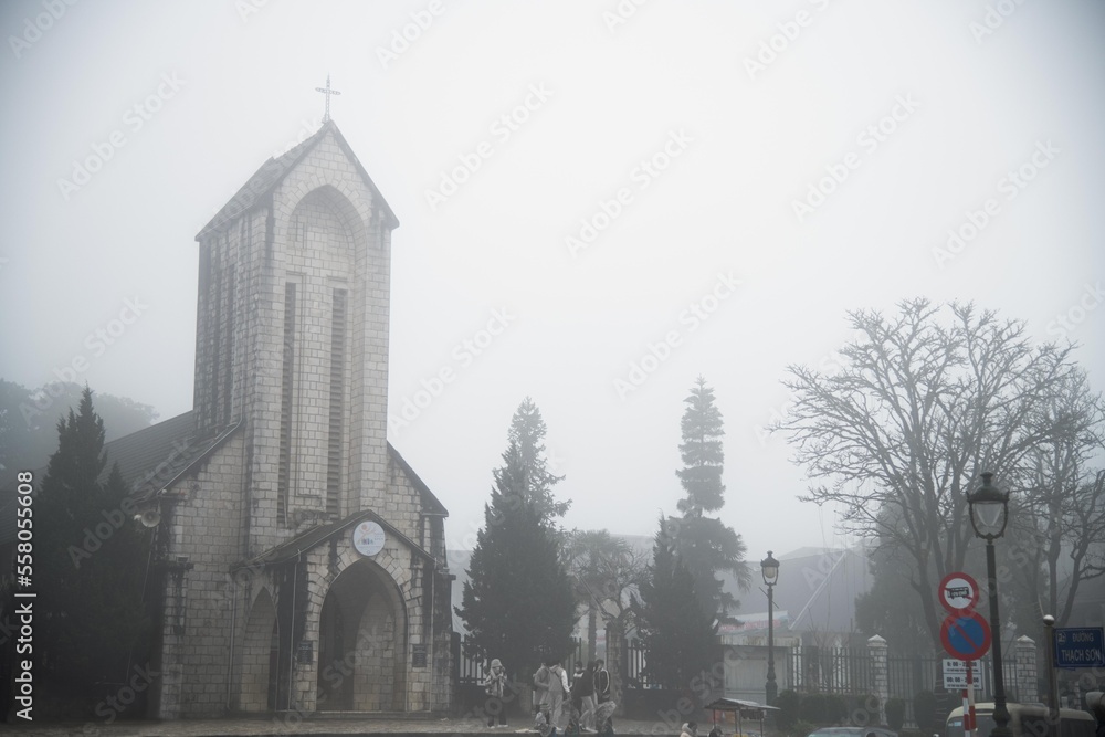 church in the fog