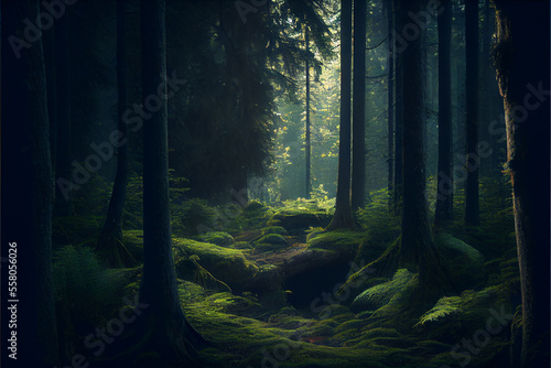 misty forest in the night. generative AI © Julian