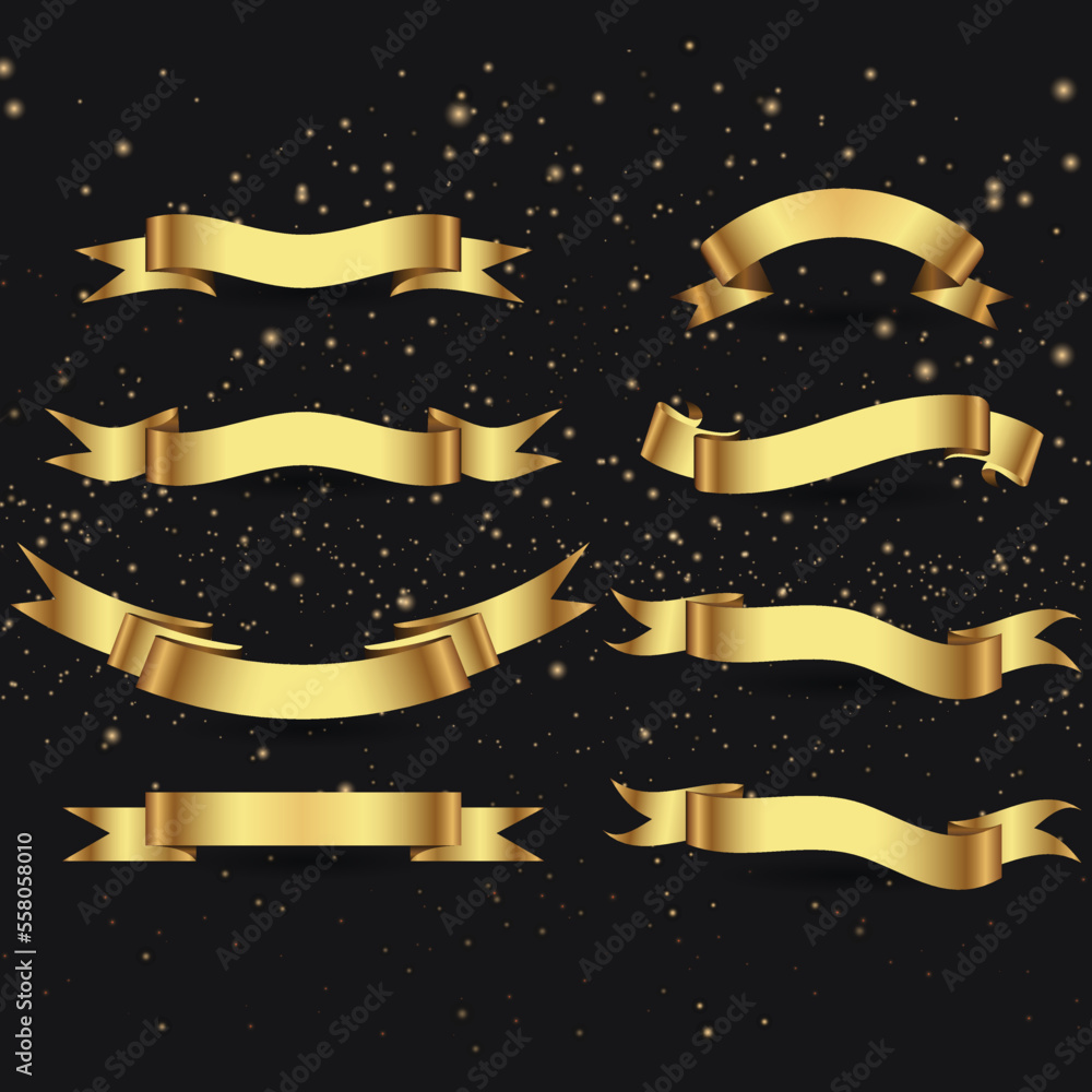 Gold Ribbon Set In Isolated Black Background, Vector Illustration. Gold Ribbon Set In Isolated Black Background, Vector Illustration.