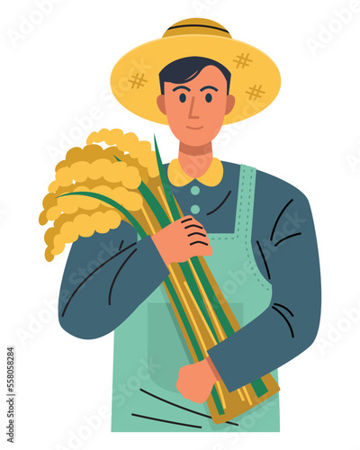 Flat design young farmer harvesting rice