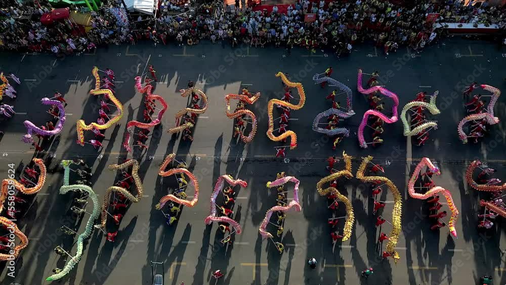 Top view of dragon dance perform celebration new year. Group of people ...