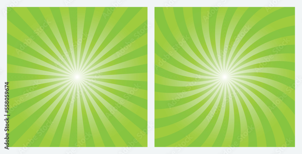Green sunburst background set. Chartreuse green retro style radial and spiral sunbeam rays background, pattern, wallpaper. Vector Illustrations. Green sunburst background set. Chartreuse green retro style radial and spiral sunbeam rays background, pattern, wallpaper. Vector Illustrations.