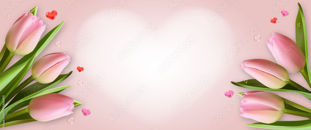 Banner with white hearts and pink realistic tulip flowers on pink background for women related events and festivals