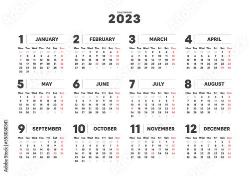 2023年のシンプルな年間カレンダー - 日本の祝日･月曜始まり･12ヶ月･1年分の暦 - A4比率 