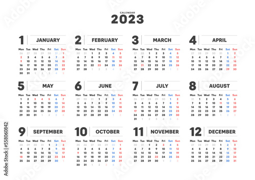 2023年のシンプルな年間カレンダー - 日本の祝日･月曜始まり･12ヶ月･1年分の暦 - A4比率
