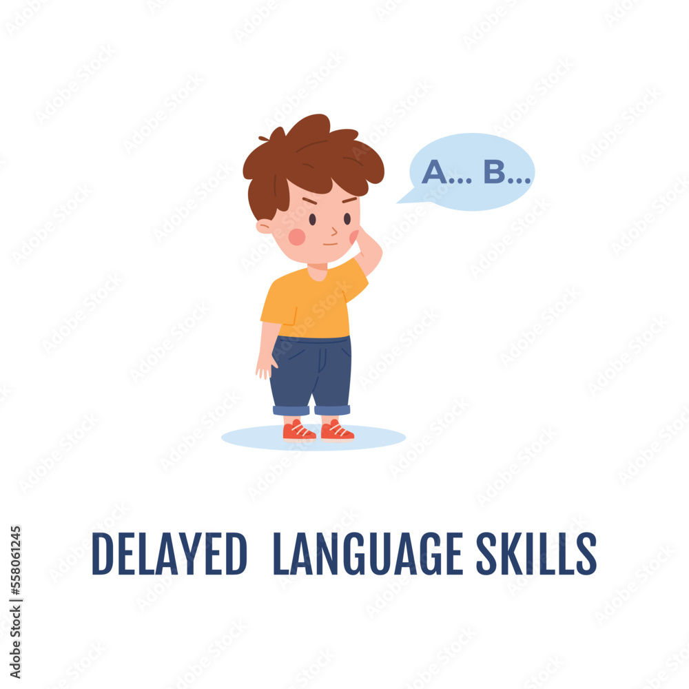 Delayed language skills in children as symptom of autism, vector isolated.