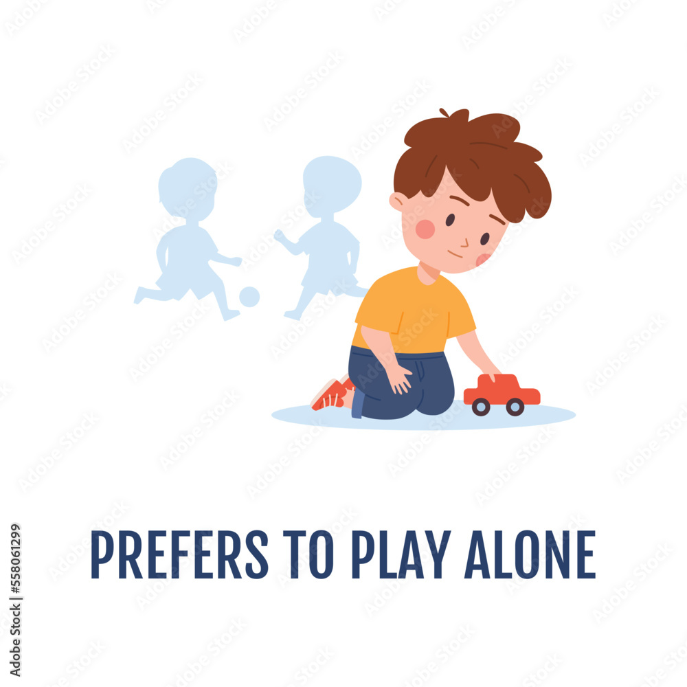 Child with autism prefers to play alone, flat vector illustration isolated. Child with autism prefers to play alone, flat vector illustration isolated.