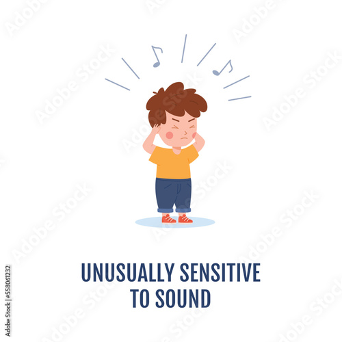 Autistic child shows unusual sensitivity to sound, vector illustration isolated.