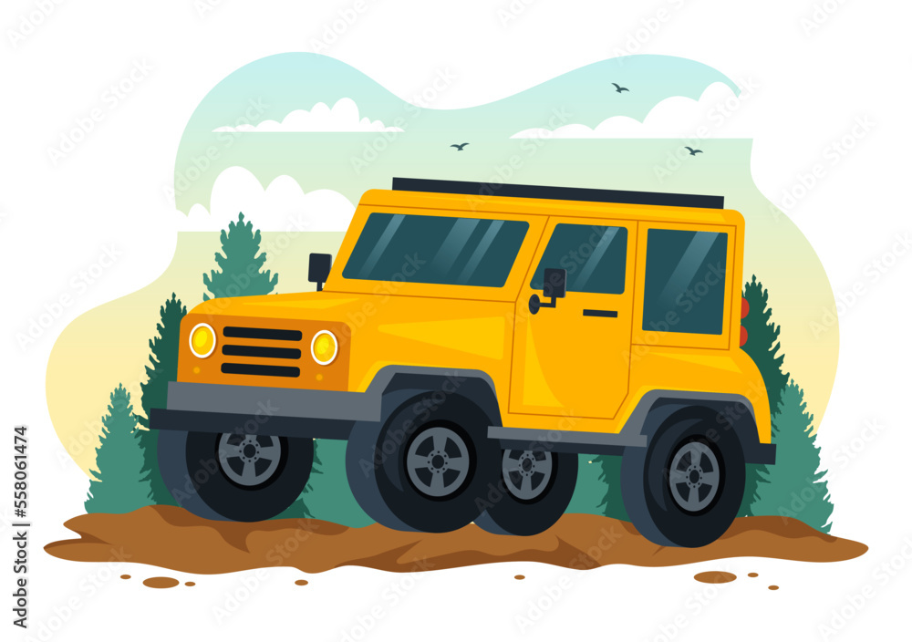 Off Road Illustration with a Jeep Car or SUV to Pass Through Rocky Terrain, Rivers and Sand in Flat Extreme Sport Cartoon Hand Drawn Templates