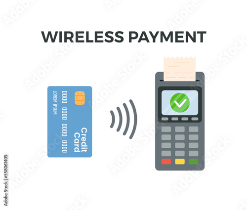 Wireless NFC payment terminal with credit card flat vector illustration isolated.