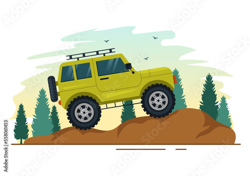 Off Road Illustration with a Jeep Car or SUV to Pass Through Rocky Terrain, Rivers and Sand in Flat Extreme Sport Cartoon Hand Drawn Templates