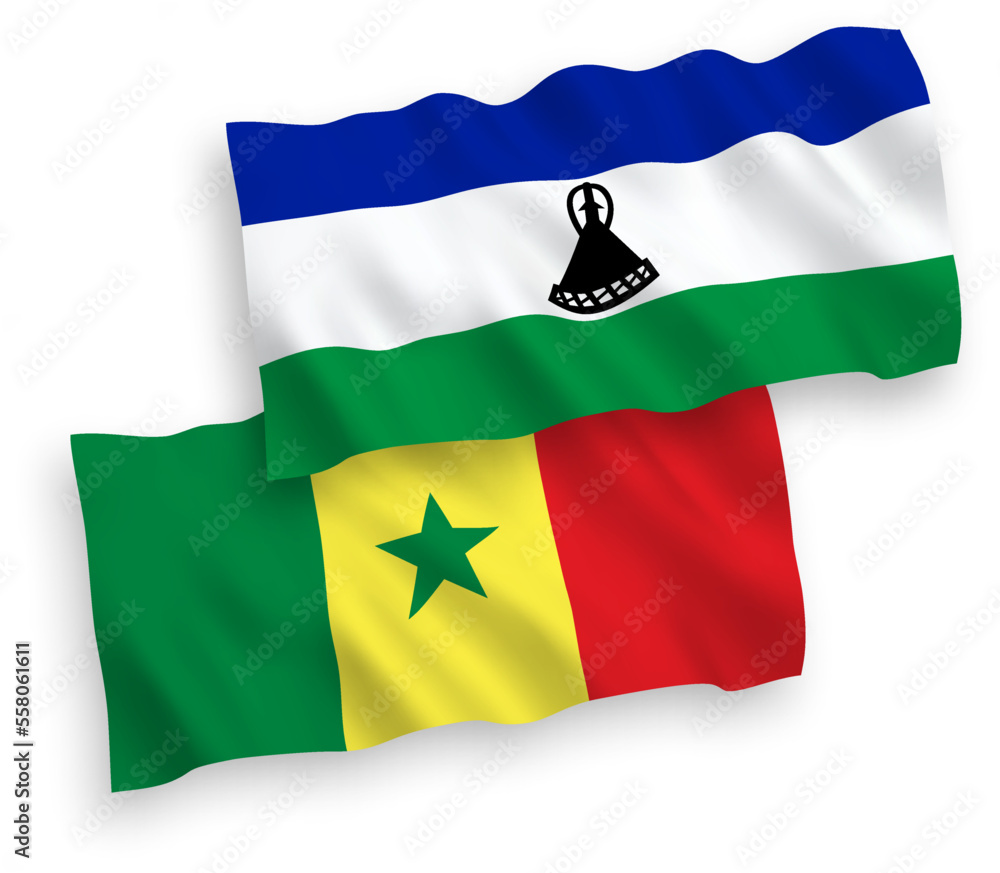 National vector fabric wave flags of Republic of Senegal and Lesotho isolated on white background. 1 to 2 proportion.