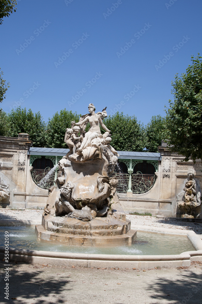 bordeaux town Place Amedee Larrieu fountain water with entrance market behind in southwest france