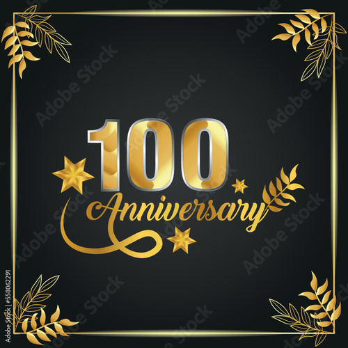 100 years old luxurious logo. anniversary year of vector gold colored template framed of palms.