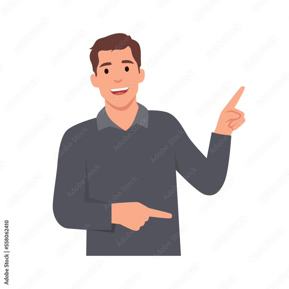 Young man pointing away hands together and showing or presenting something while standing and smiling. Man pointing copy space. Flat vector illustration isolated on white background