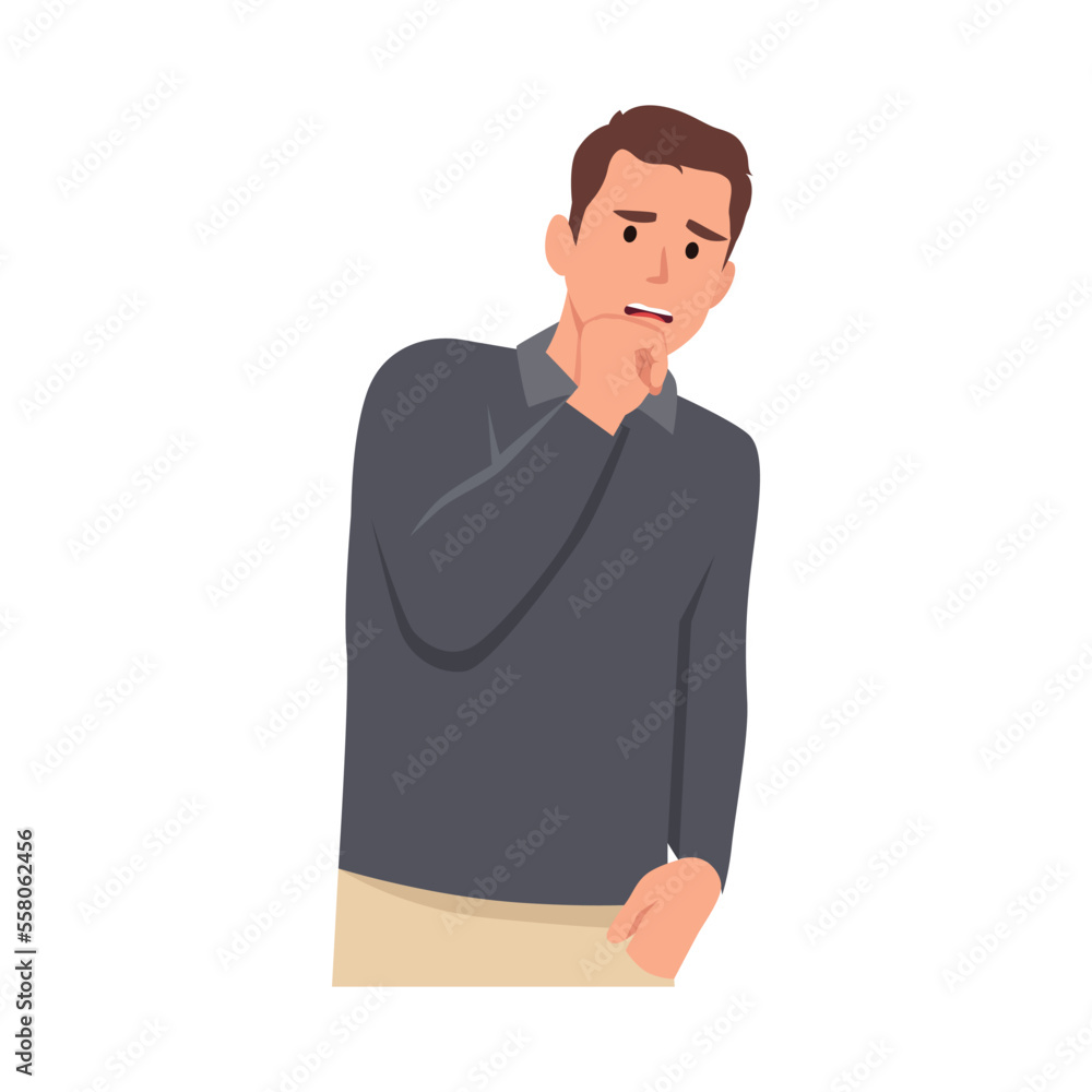 Young man shocked afraid, scared and terrified with fear expression while opened mouth, stop gesture with palm hand. Flat vector illustration isolated on white background