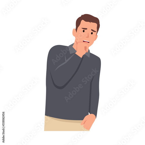 Young man shocked afraid, scared and terrified with fear expression while opened mouth, stop gesture with palm hand. Flat vector illustration isolated on white background