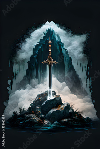 Mythical Excalibur great sword stuck in the rock. AI-generated illustration