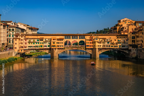 Close up of silversmith shops on the famous Ponte Vecchio bridge on the Arno River in Centro Storico, Florence, Italy