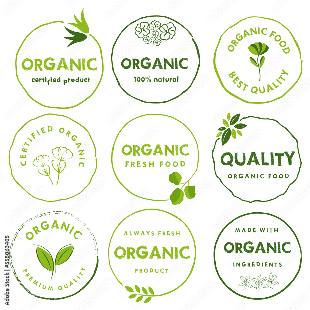 Organic food, natural food, healthy food and organic or natural product logos, icon, badges and stickers. Organic food, natural food, healthy food and organic or natural product logos, icon, badges and stickers.