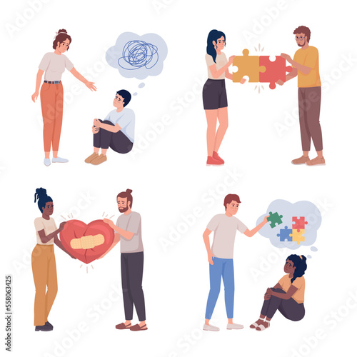 Mental support semi flat color vector characters set. Fix relationship. Editable figures. Full body people on white. Simple cartoon style illustration for web graphic design and animation