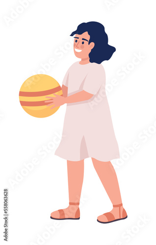 Little girl with ball semi flat color vector character. Editable figure. Full body person on white. Playing outdoor simple cartoon style illustration for web graphic design and animation