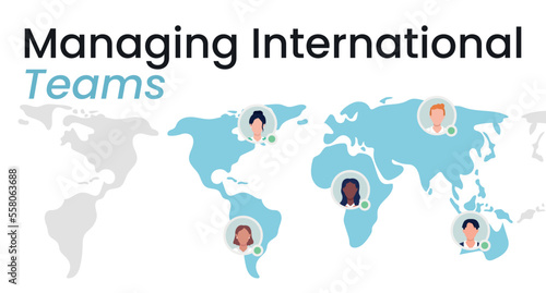 Managing international teams flat vector banner template. Overseas employees. Abroad workers poster, leaflet printable color designs. Editable flyer page with text space. Poppins Medium font used