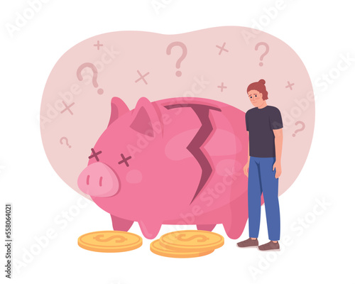 No money flat concept vector illustration. Broken piggy bank. Financial failure. Editable 2D cartoon character on white for web design. Saving problem creative idea for website, mobile, presentation