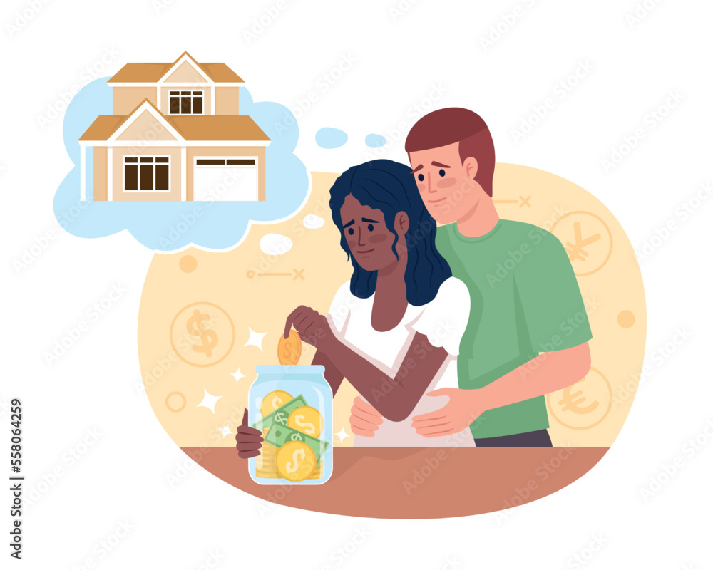 Young married couple saving for house 2D vector isolated illustration. Buy property. Expensive purchase flat characters on cartoon background. Colorful editable scene for mobile, website, presentation Young married couple saving for house 2D vector isolated illustration. Buy property. Expensive purchase flat characters on cartoon background. Colorful editable scene for mobile, website, presentation
