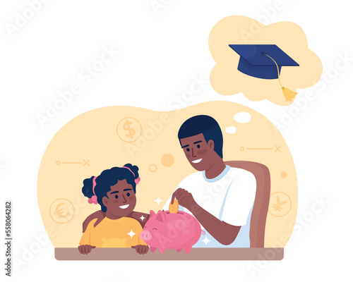 Savings for college costs 2D vector isolated illustration. Father planning daughter education flat characters on cartoon background. Colorful editable scene for mobile, website, presentation