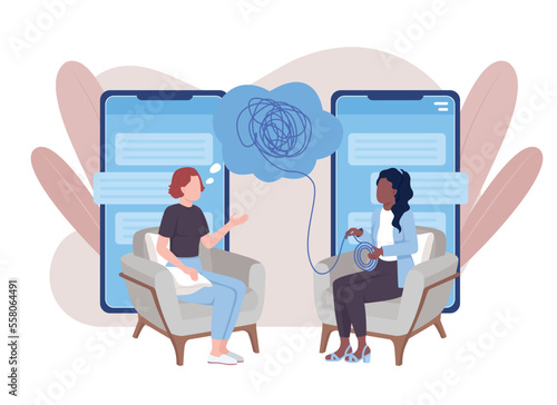 Online meeting with psychologist flat concept vector illustration. Appointment with therapist. Editable 2D cartoon characters on white for web design. Creative idea for website, mobile, presentation