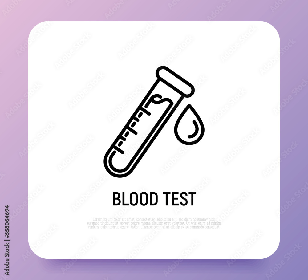 Blood test thin line icon. Test tube with a drop of blood. Laboratory analysis or medical research. Vector illustration. Blood test thin line icon. Test tube with a drop of blood. Laboratory analysis or medical research. Vector illustration.