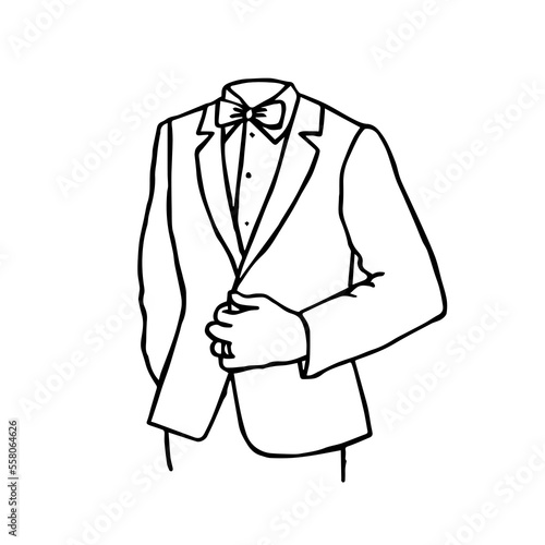torso of a man in a suit with a bow tie and a ring on the ring finger - doodle sketch of the groom at the wedding