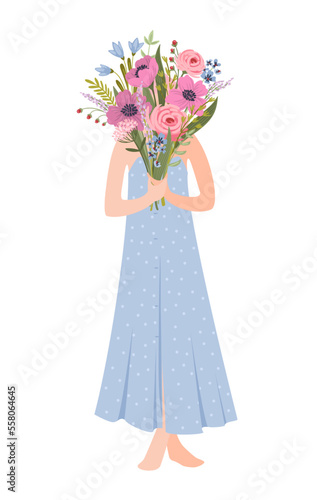 Isolated illustration of a woman with flowers. Concept for International Women s Day and other