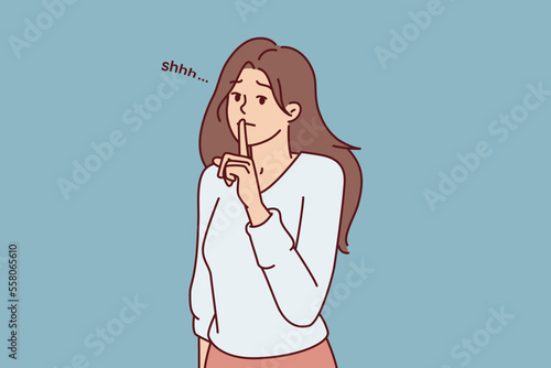 Modest woman puts finger to lips, wanting to keep secret or calm interlocutor who speaks loudly. Beautiful girl teacher makes gesture of silence to calm schoolchildren before lesson. Flat vector image