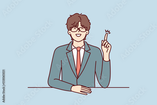 Inspired man manager pointing finger up while coming up with idea to increase company profits. Guy in business suit raises hand and wants to speak during meeting with colleagues. Flat vector design 