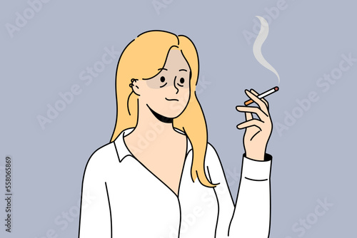 Unhealthy tired young woman feel overwhelmed smoking cigarette. Unhappy female employee with bad habit feeling exhausted and overworked. Vector illustration. 