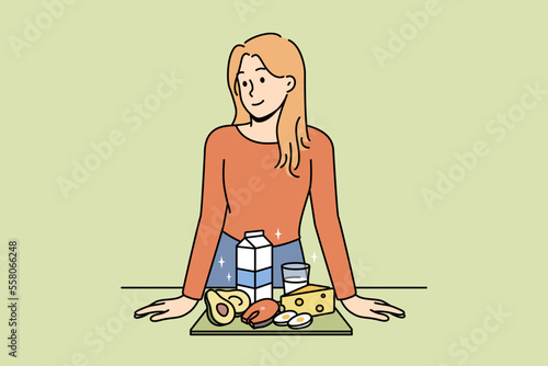 Smiling woman show organic products recommend healthy lifestyle. Happy female nutritionist or dietician with dairy and natural meal. Diet and healthcare. Vector illustration. 