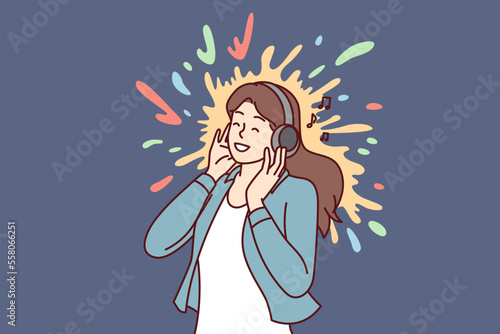 Positive woman meloman listening to music with headphones enjoying favorite pop or rock track. Joyful girl presses earphones to ears and smiles after hearing song from playlist. Flat vector image