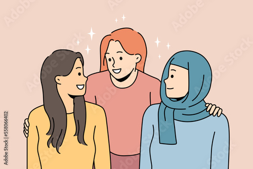 Smiling diverse multiethnic women hugging and talking. Concept of interracial multinational friendship. Vector illustration. 