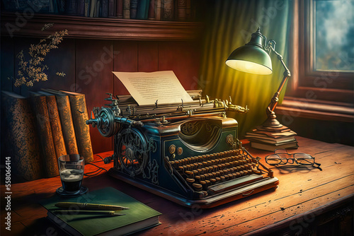 A vintage typewriter on an antique desk, illuminated by a window, in a luxurious, bourgeois room, enhancing the timeless and classic feel of this image.