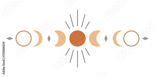 Moon different phases or lunar phase waxing and waning with moonlight ray magic mysterious boho on white background flat vector black icon design.