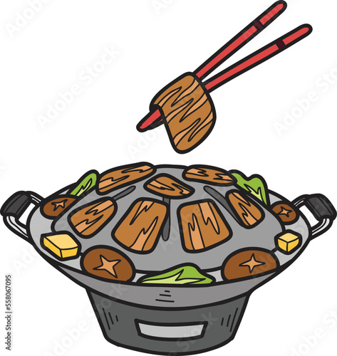 Hand Drawn Moo Kra Ta Grilled pork or Thai food illustration