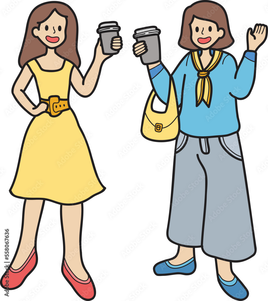 Hand Drawn woman holding coffee standing and talking illustration Hand Drawn woman holding coffee standing and talking illustration