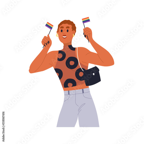 Happy transgender, trans woman with LGBT rainbow flags in hands. LGBTQ rights activist. Modern fashion smiling queer character. Flat vector illustration isolated on white background