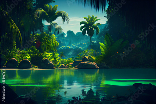 beach with tropical green trees. generative ai